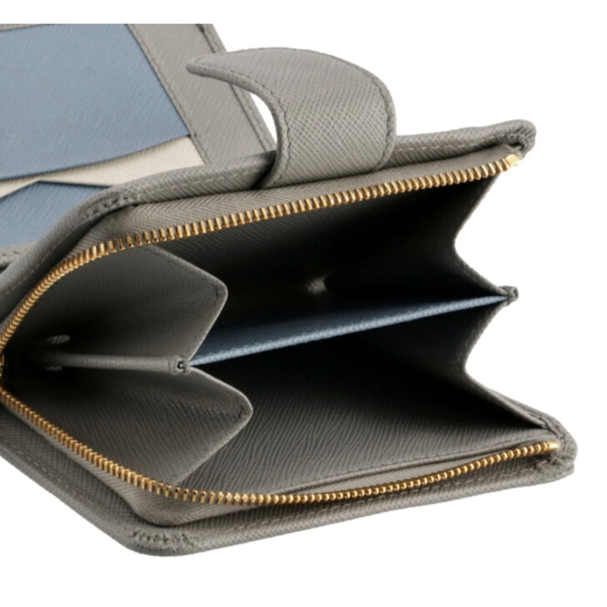 Prada Saffiano Leather Small Wallet with Zipper Argilla and Astrale Grey Blue