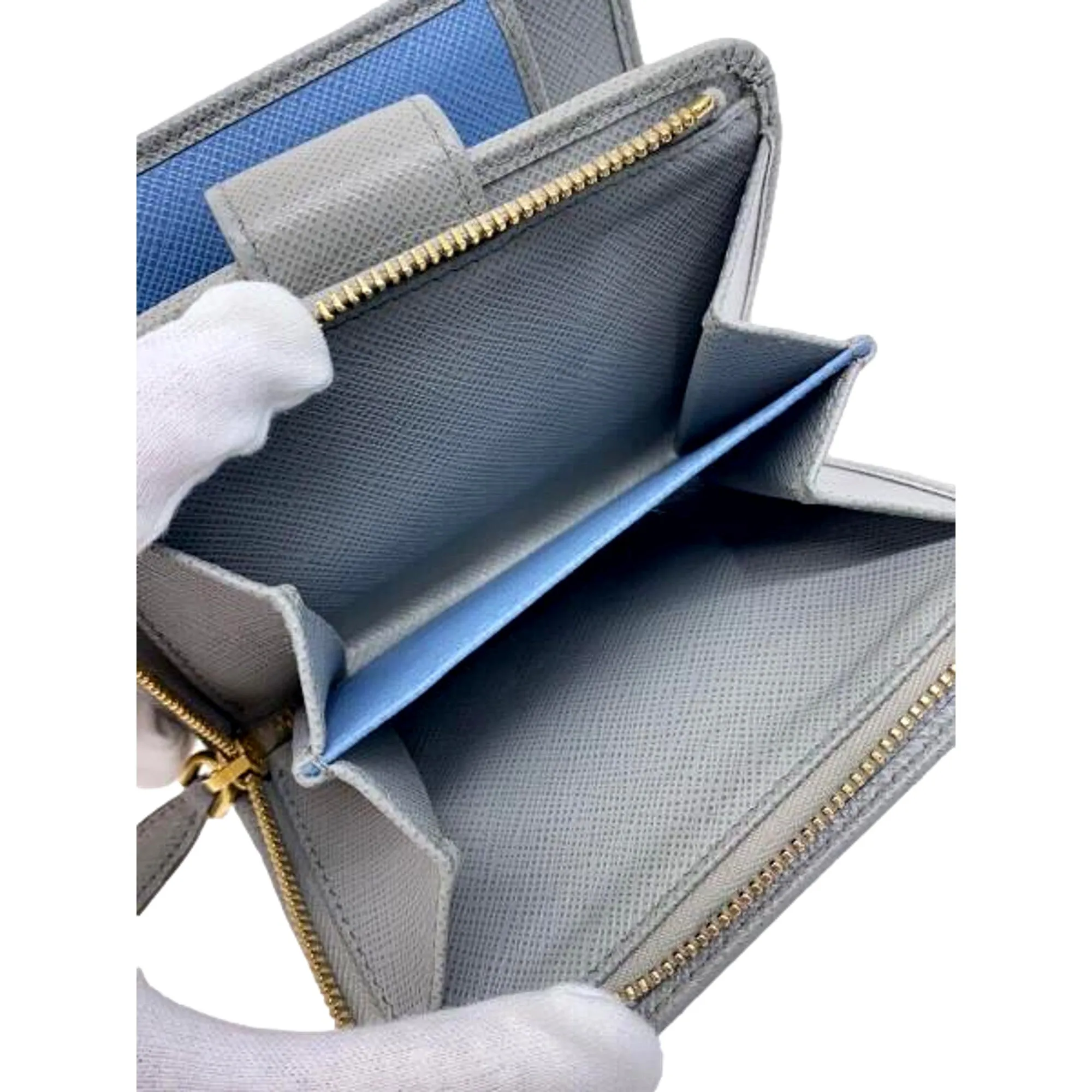 Prada Saffiano Leather Small Wallet with Zipper Argilla and Astrale Grey Blue