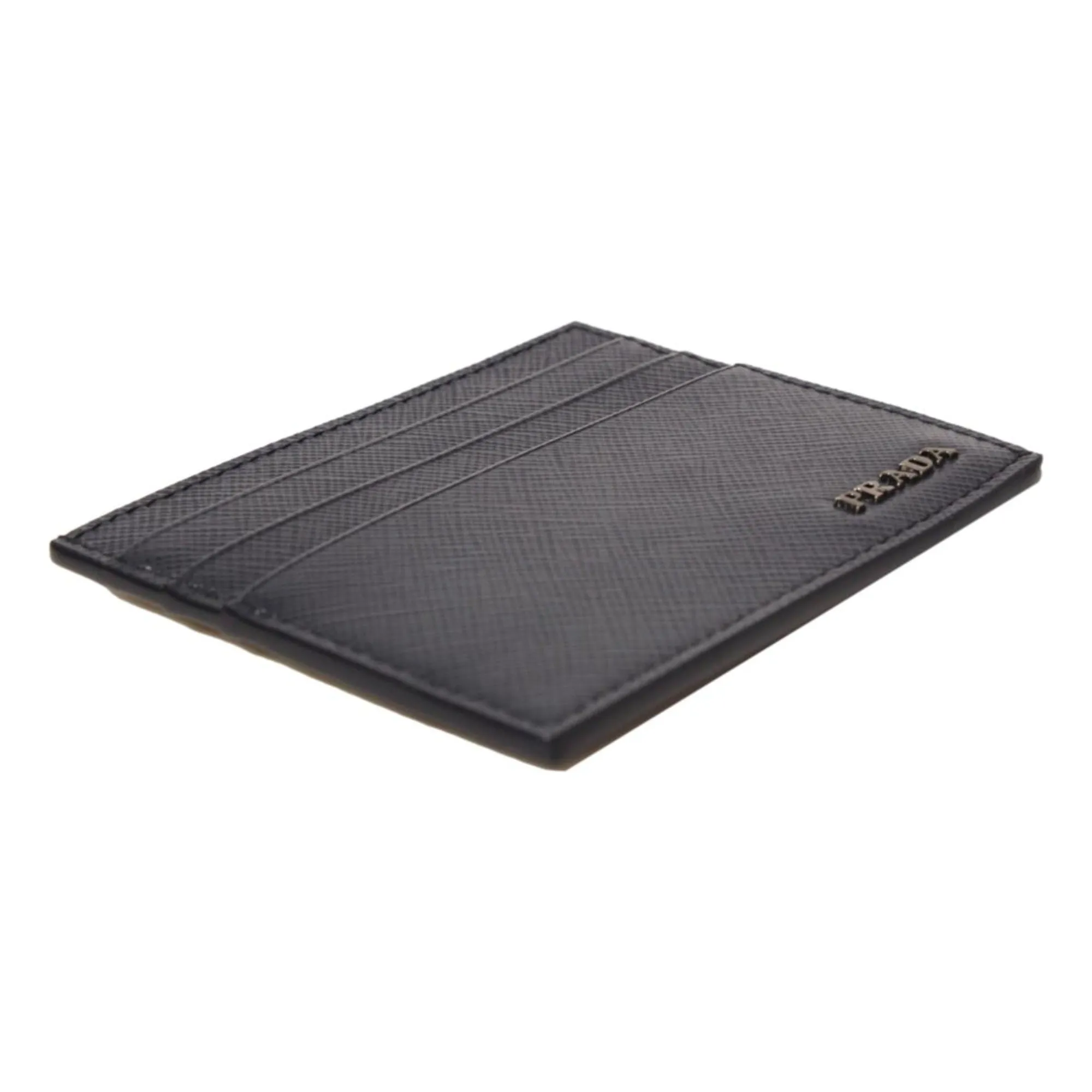 Prada Saffiano Mens Baltico Blue Credit Card Wallet Silver Logo