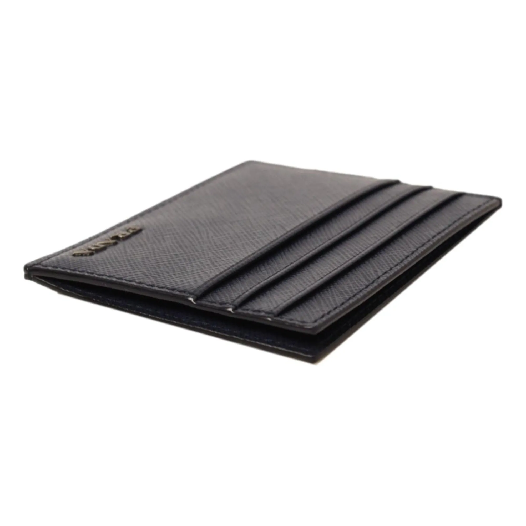 Prada Saffiano Mens Baltico Blue Credit Card Wallet Silver Logo