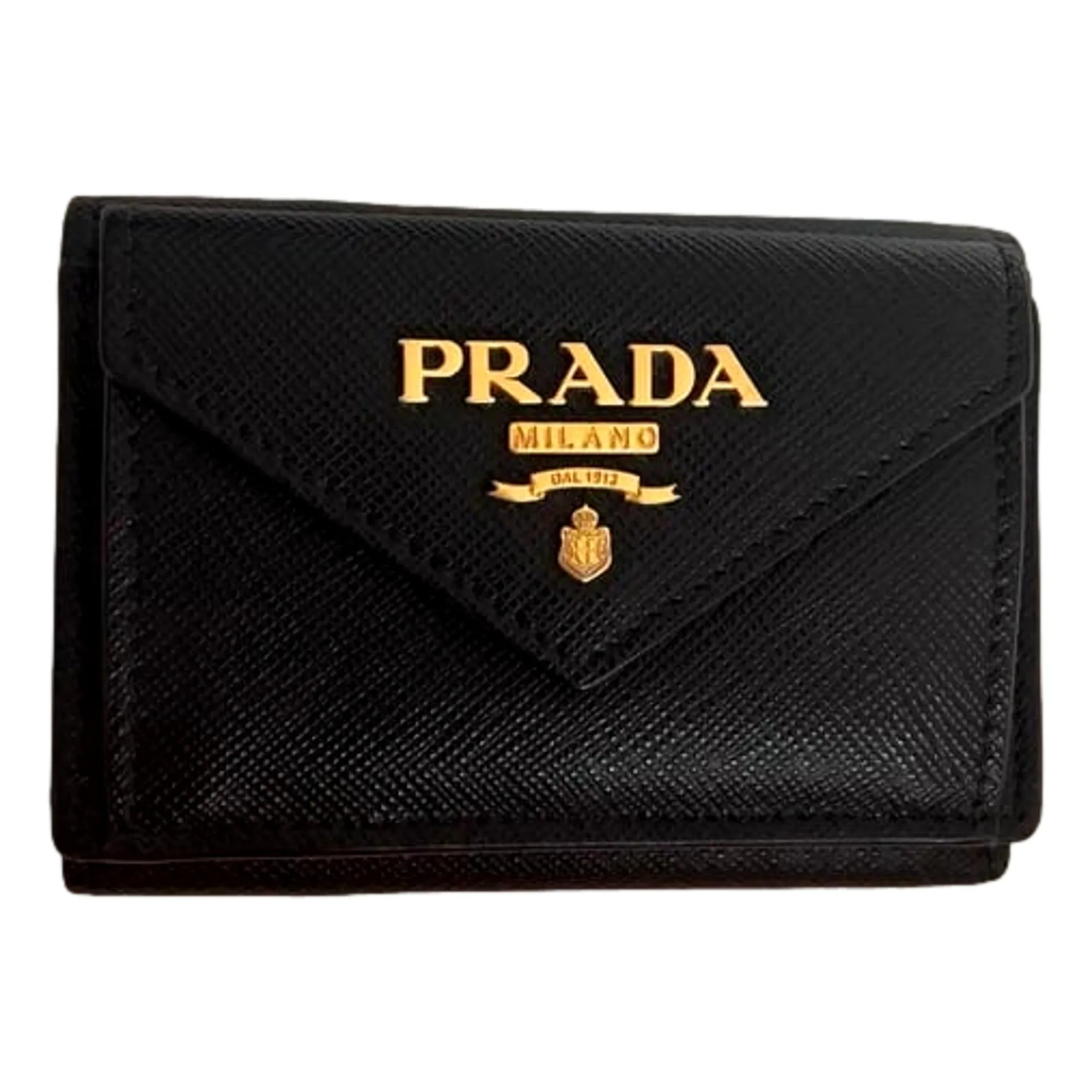Prada Saffiano Metal Tri-Fold Envelope Card Holder Wallet Nero Black and Pink