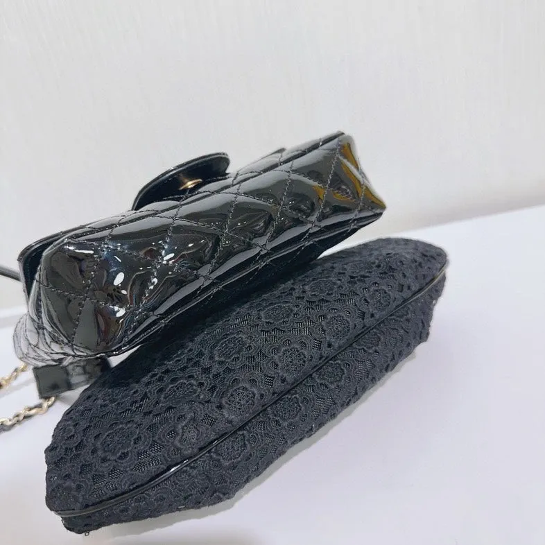 Preloved Chanel Patent and Lace Twin Chain Bag Black Shoulder Bag
