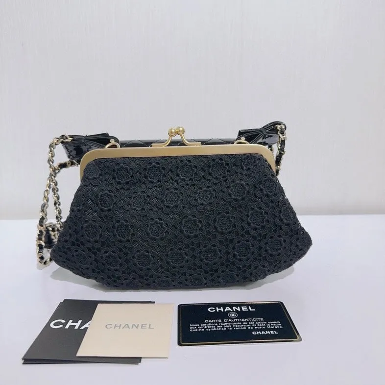Preloved Chanel Patent and Lace Twin Chain Bag Black Shoulder Bag