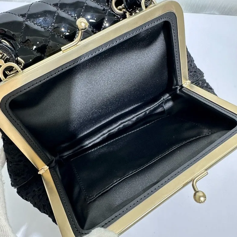 Preloved Chanel Patent and Lace Twin Chain Bag Black Shoulder Bag