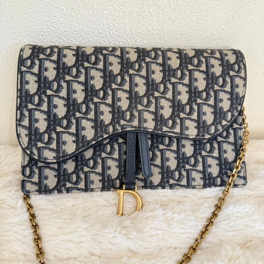 Preloved Dior Monogram Saddle Wallet on Chain J0006 Blue Canvas