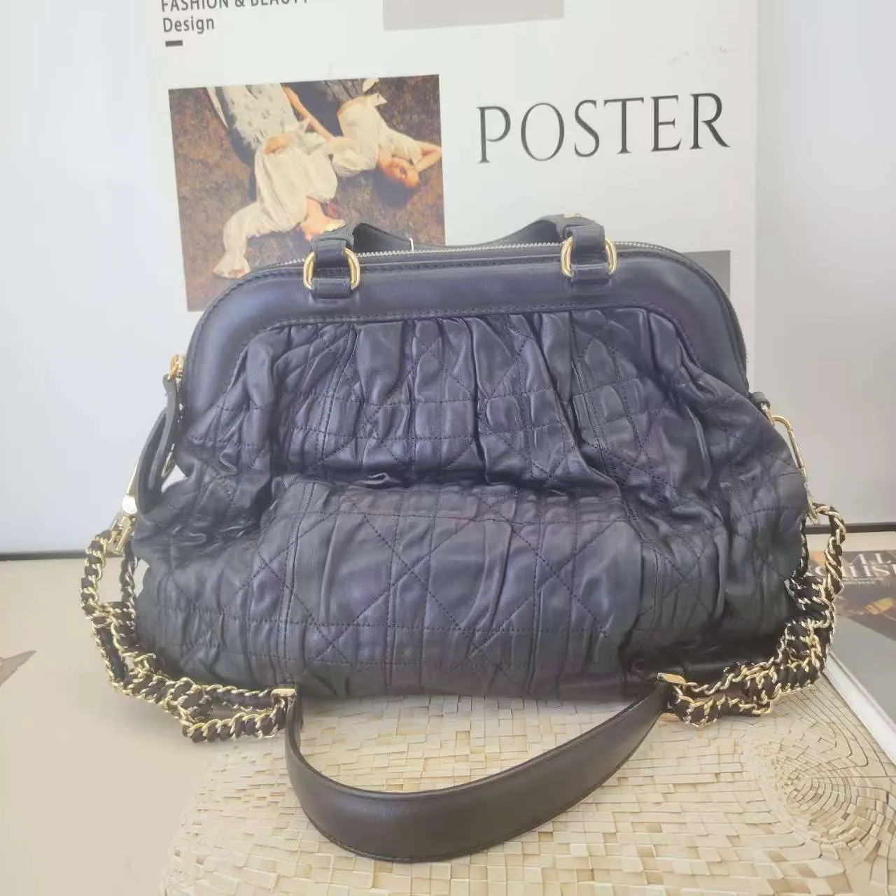Preloved Dior Two-Way Bag Cannage Style Navy Leather Shoulder Bag