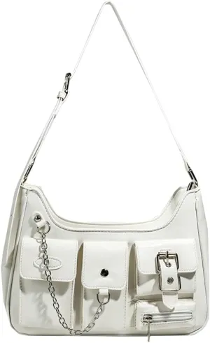 PU Leather Shoulder Bag for Women Punk Metal Y2K Crossbody Bag Chain Handbag Purse Small Tote Satchels