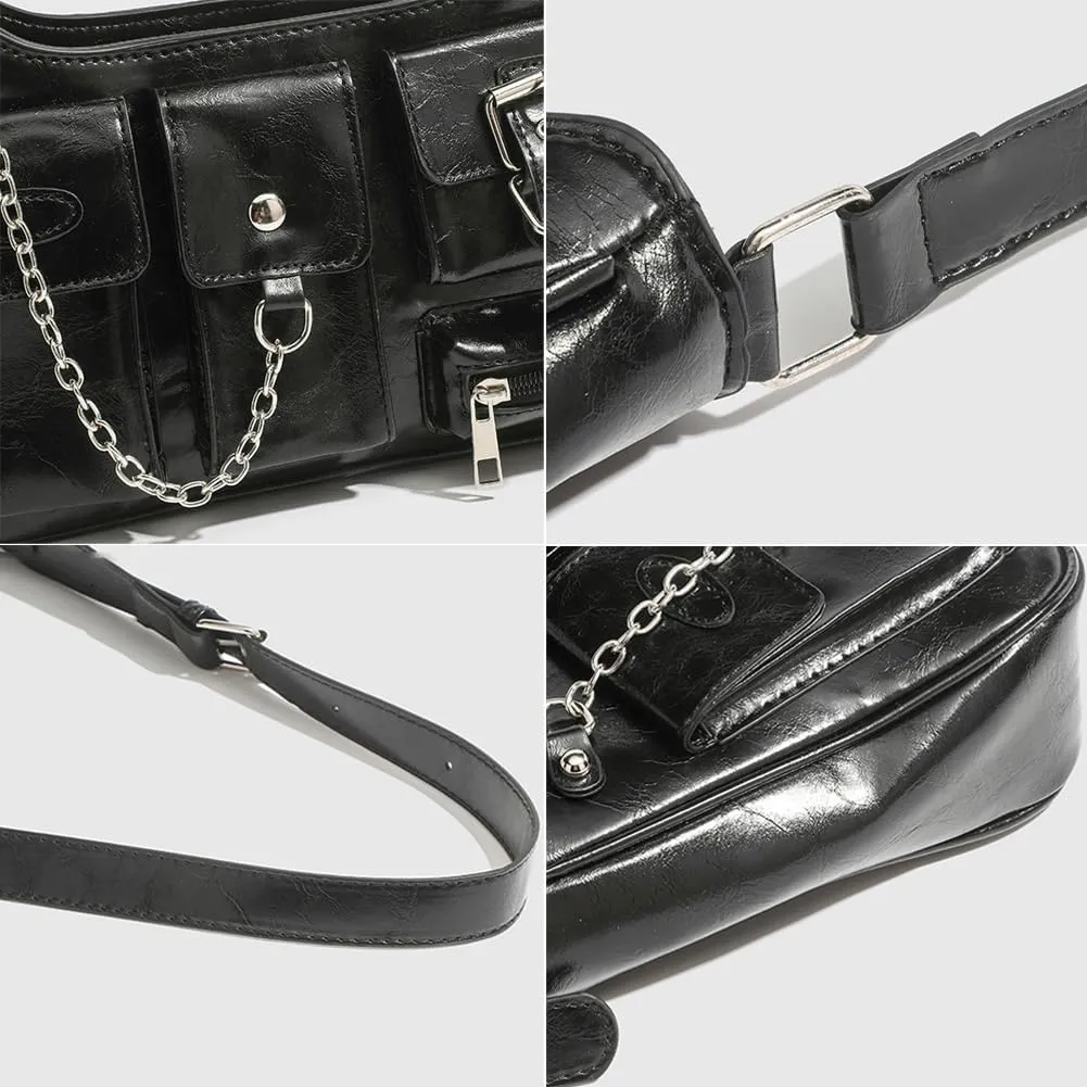 PU Leather Shoulder Bag for Women Punk Metal Y2K Crossbody Bag Chain Handbag Purse Small Tote Satchels