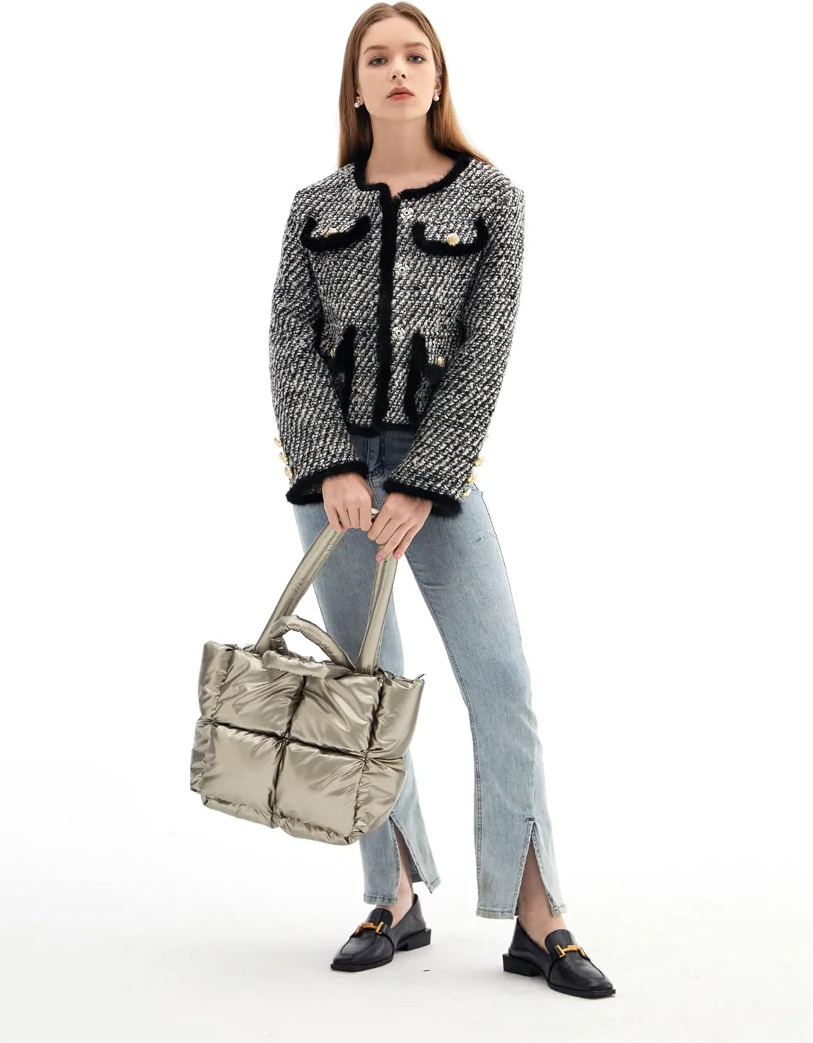 Puffer Shoulder Bag, Luxury Quilted Cotton Padded Tote Bag for Women, Winter Puffer Tote Bag Nylon Pillow Handbag Shopper Bag