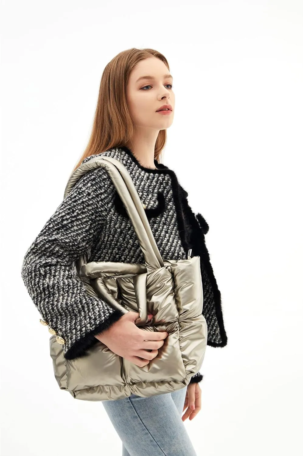 Puffer Shoulder Bag, Luxury Quilted Cotton Padded Tote Bag for Women, Winter Puffer Tote Bag Nylon Pillow Handbag Shopper Bag
