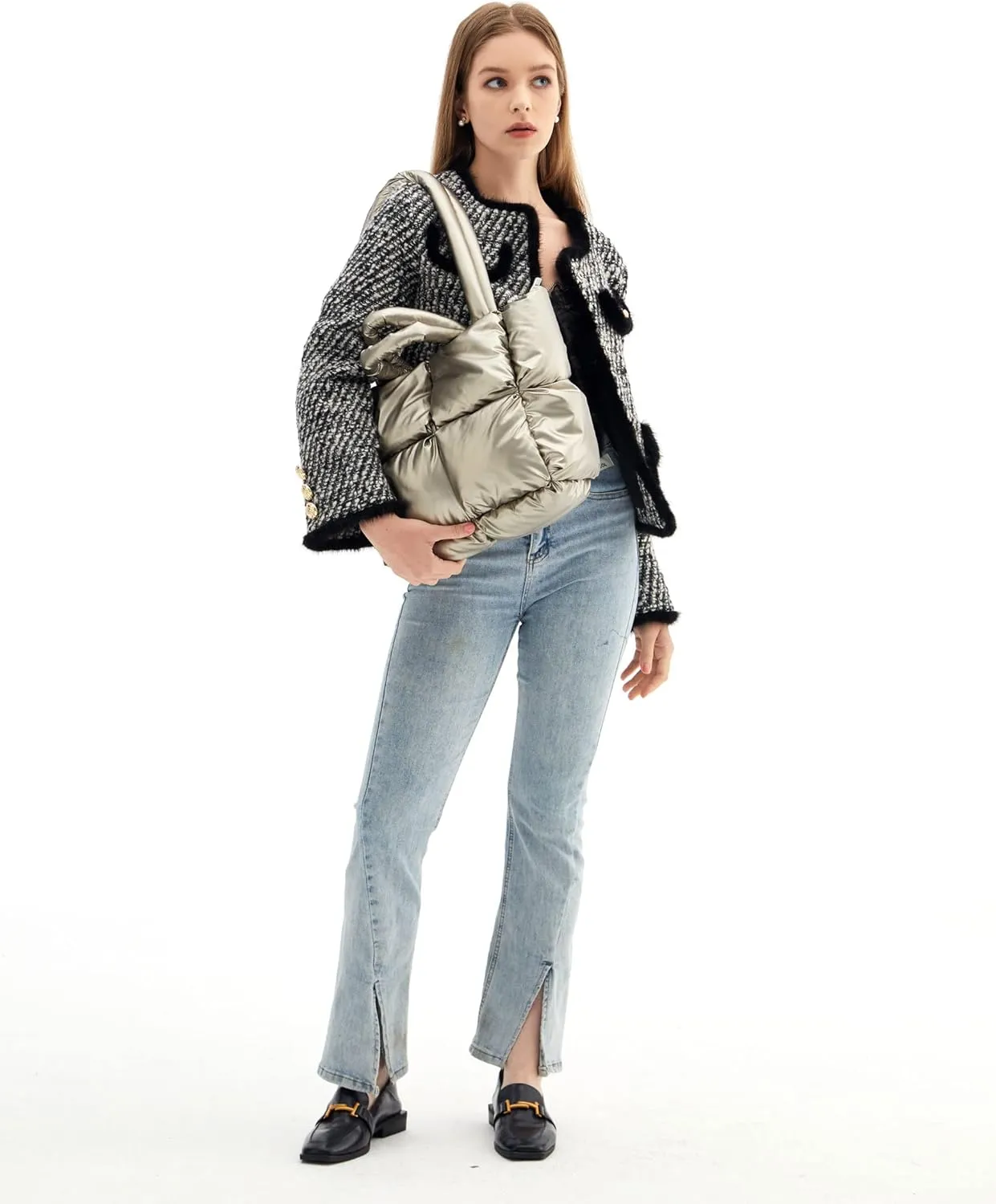 Puffer Shoulder Bag, Luxury Quilted Cotton Padded Tote Bag for Women, Winter Puffer Tote Bag Nylon Pillow Handbag Shopper Bag
