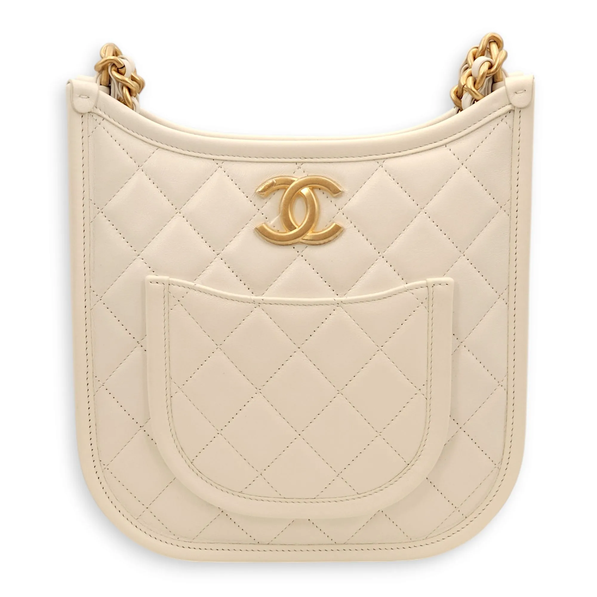 Quilted Hobo White Shoulder Bag in Lambskin, Gold hardware