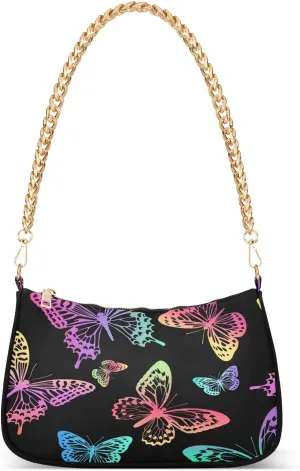 Rainbow Butterflies Shoulder Handbags for Women Travel Hobo Tote Handbag Women Gold Chain Shoulder Bags Purse with Zipper Closure