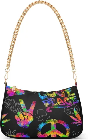 Rainbow Peace Love Sign Gesture Shoulder Handbags for Women Travel Hobo Tote Handbag Women Gold Chain Shoulder Bags Purse with Zipper Closure