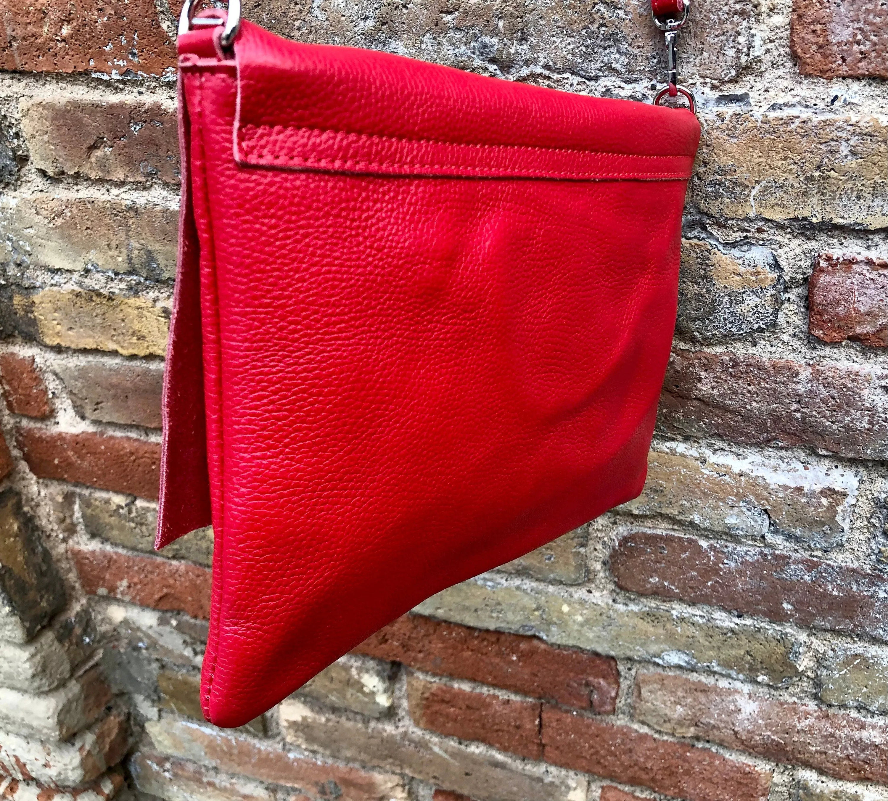 RED genuine leather bag. Cross body / shoulder bag. Adjustable strap, zipper  flap. LARGER STYLE. Red leather messenger. Red leather purse