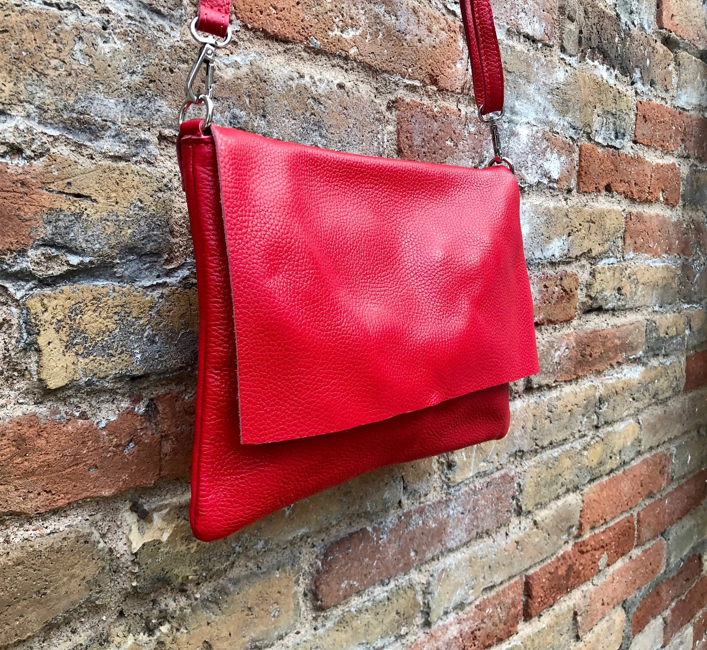 RED genuine leather bag. Cross body / shoulder bag. Adjustable strap, zipper  flap. LARGER STYLE. Red leather messenger. Red leather purse