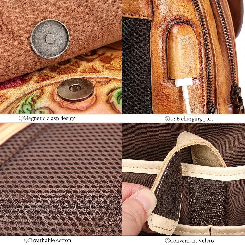 Retro Embossed Floral Backpack For Women Genuine Leather
