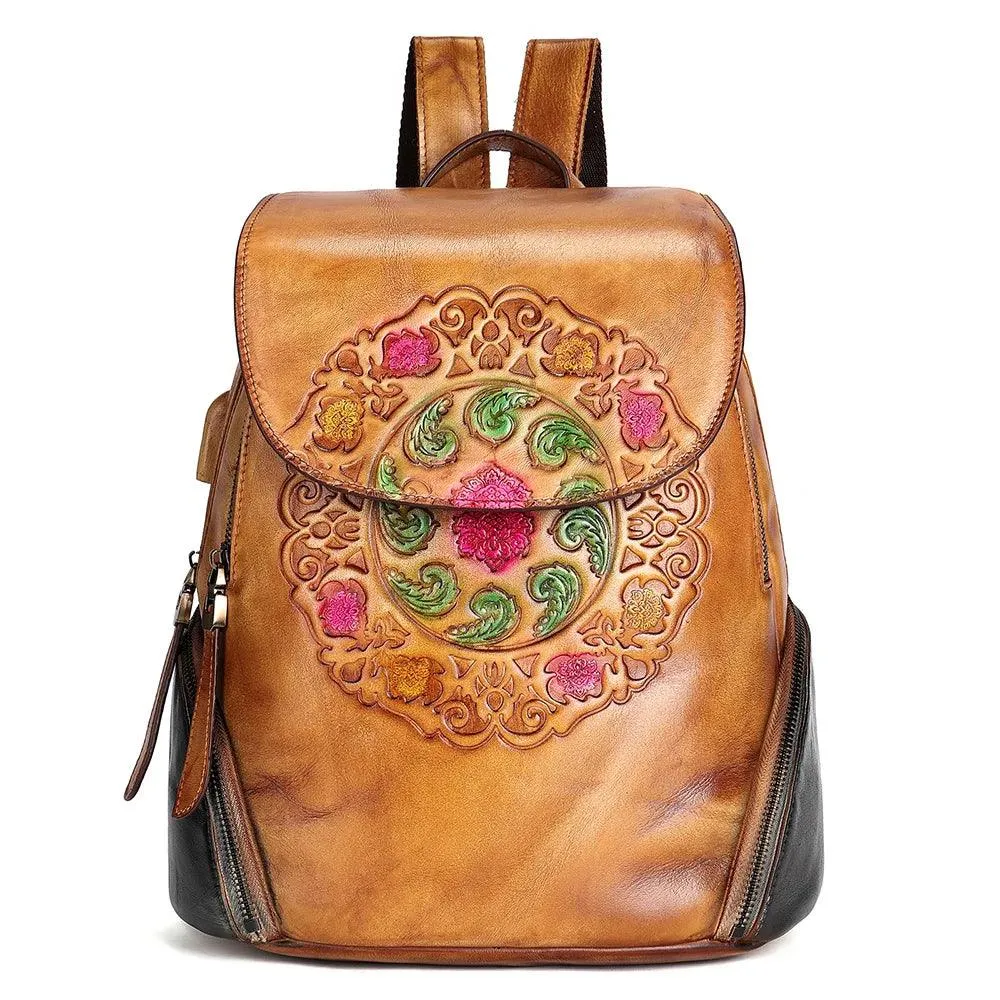 Retro Embossed Floral Backpack For Women Genuine Leather