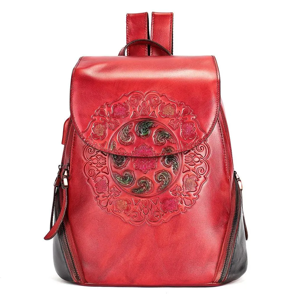Retro Embossed Floral Backpack For Women Genuine Leather