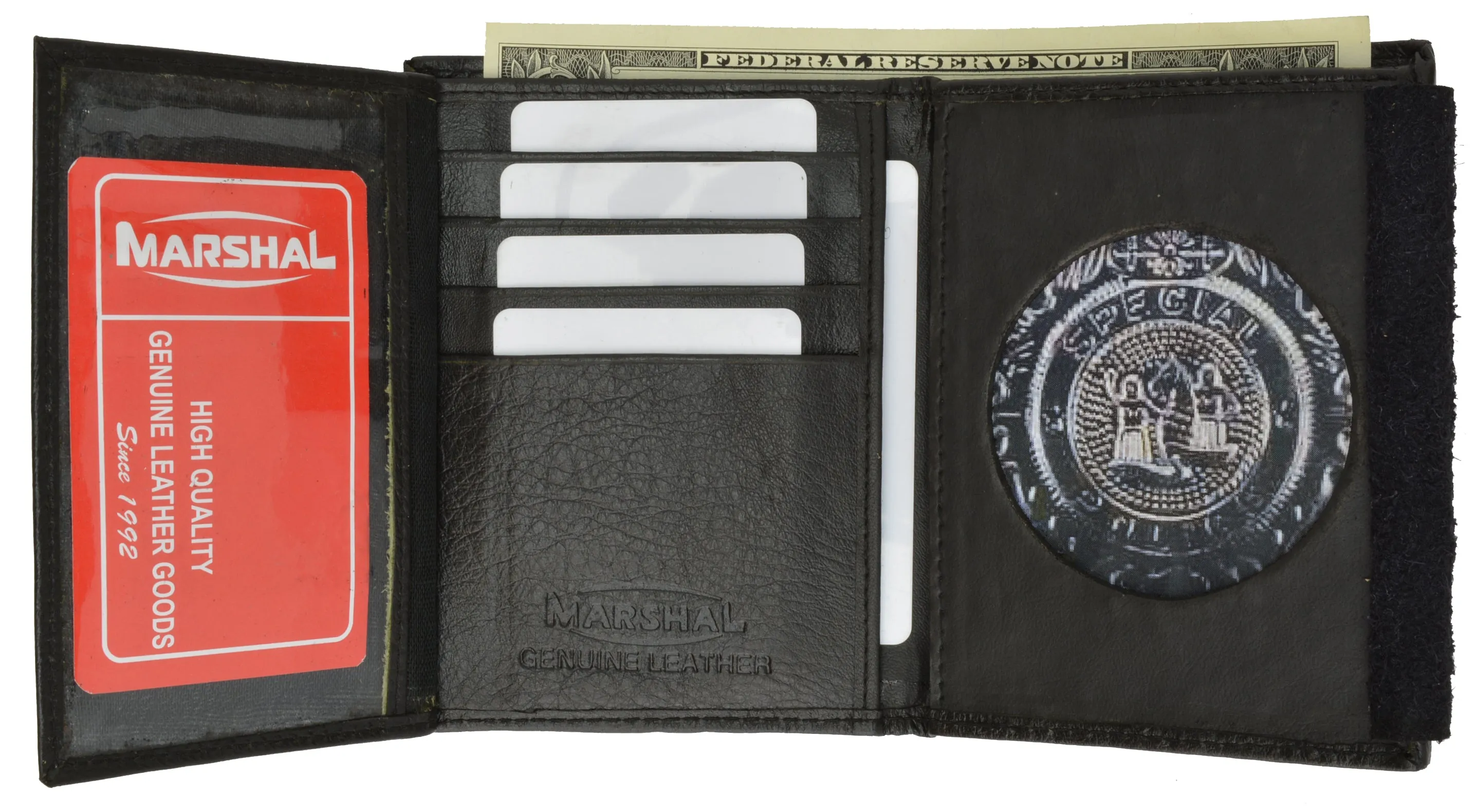 RFID Mens Genuine Leather Trifold Wallet with Security Badge Holder Black