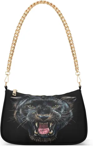 Roaring Panther Printed Shoulder Handbags for Women Travel Hobo Tote Handbag Women Gold Chain Shoulder Bags Purse with Zipper Closure