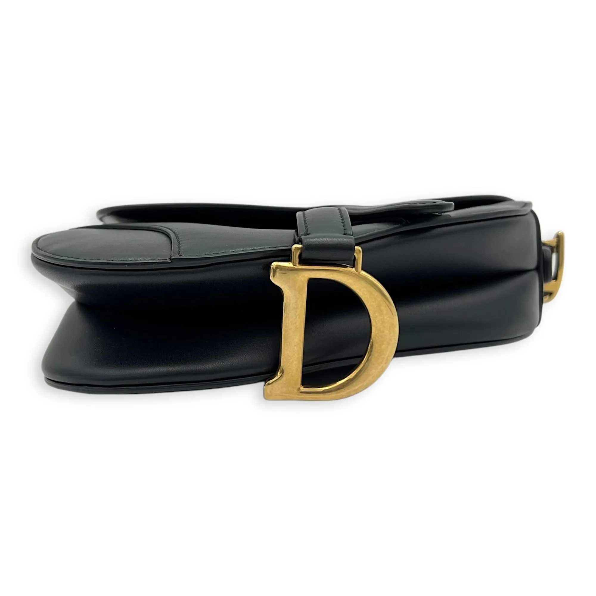 Saddle Mini Black Shoulder Bag in Calfskin, Gold hardware