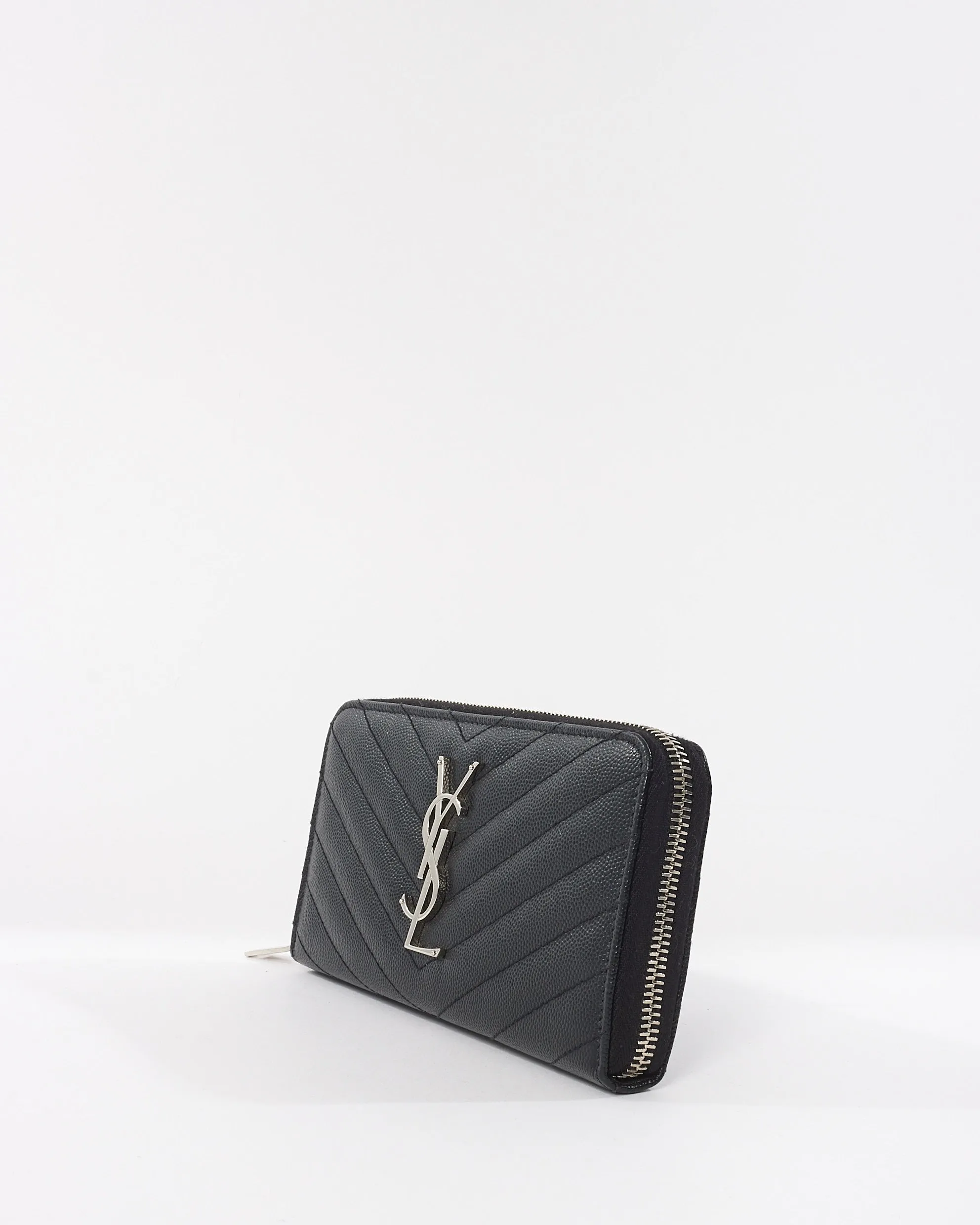Saint Laurent Black Grain De Poudre  Matelassé Cassandre Logo Zip Around Wallet