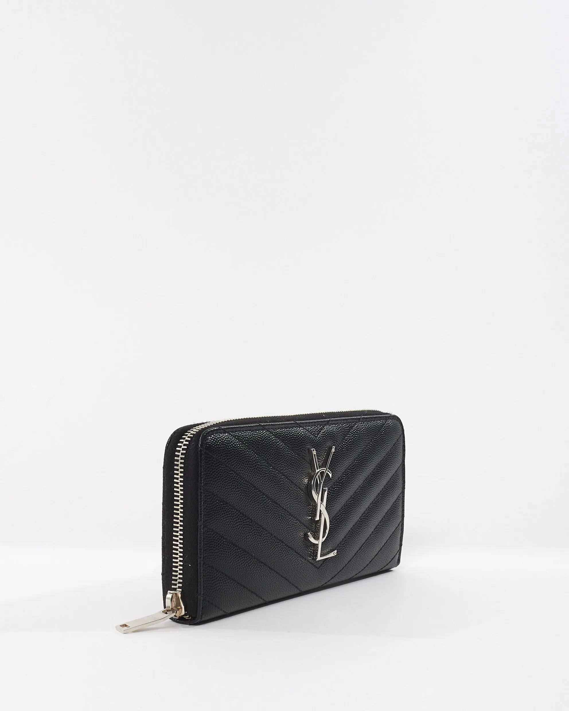 Saint Laurent Black Grain De Poudre  Matelassé Cassandre Logo Zip Around Wallet