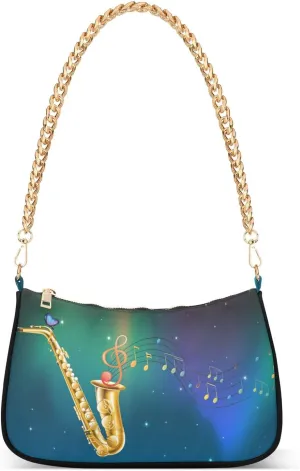 Saxophone Butterfly Musical Notes Shoulder Handbags for Women Travel Hobo Tote Handbag Women Gold Chain Shoulder Bags Purse with Zipper Closure