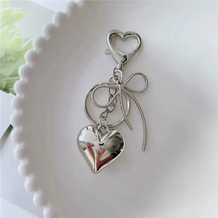 Silver Bow   Heart Bag Charm Keychain
