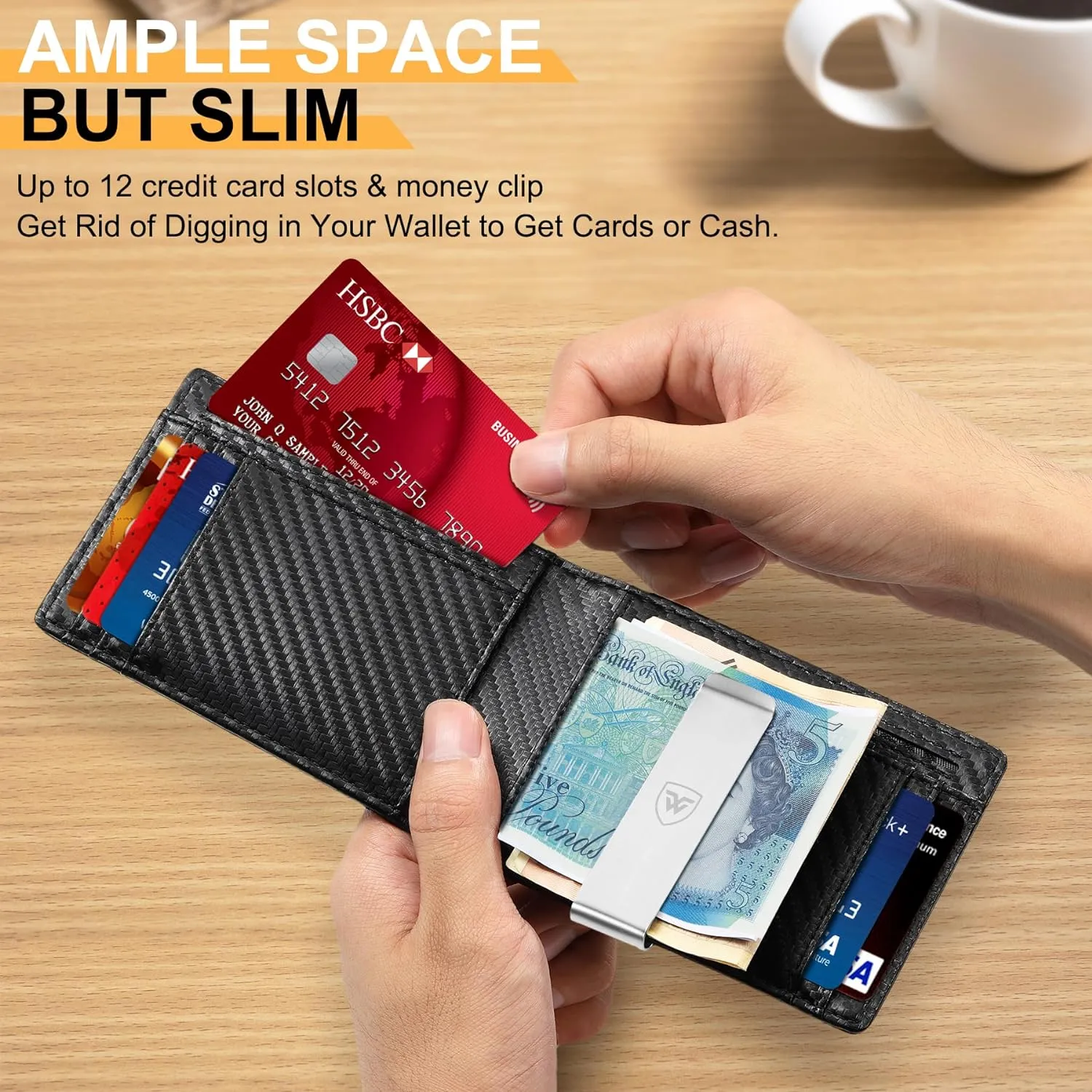 Sleek RFID Blocking Carbon Fiber Leather Wallet for Men with 12 Card Slots
