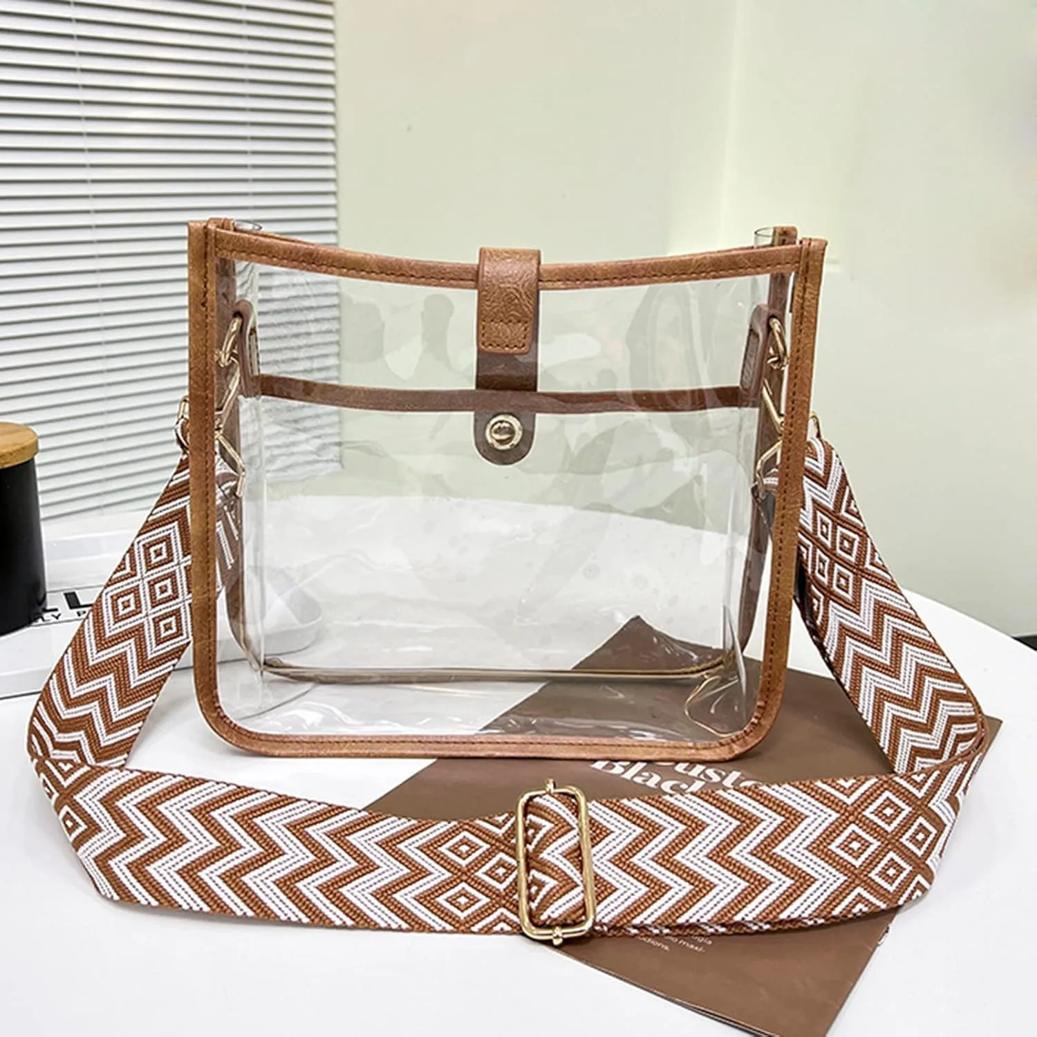 Sling Bags for Women Anti Theft Travel Satchel Purses with Multi Zipper Pocket Clear Bag for Stadium Events(Brown)