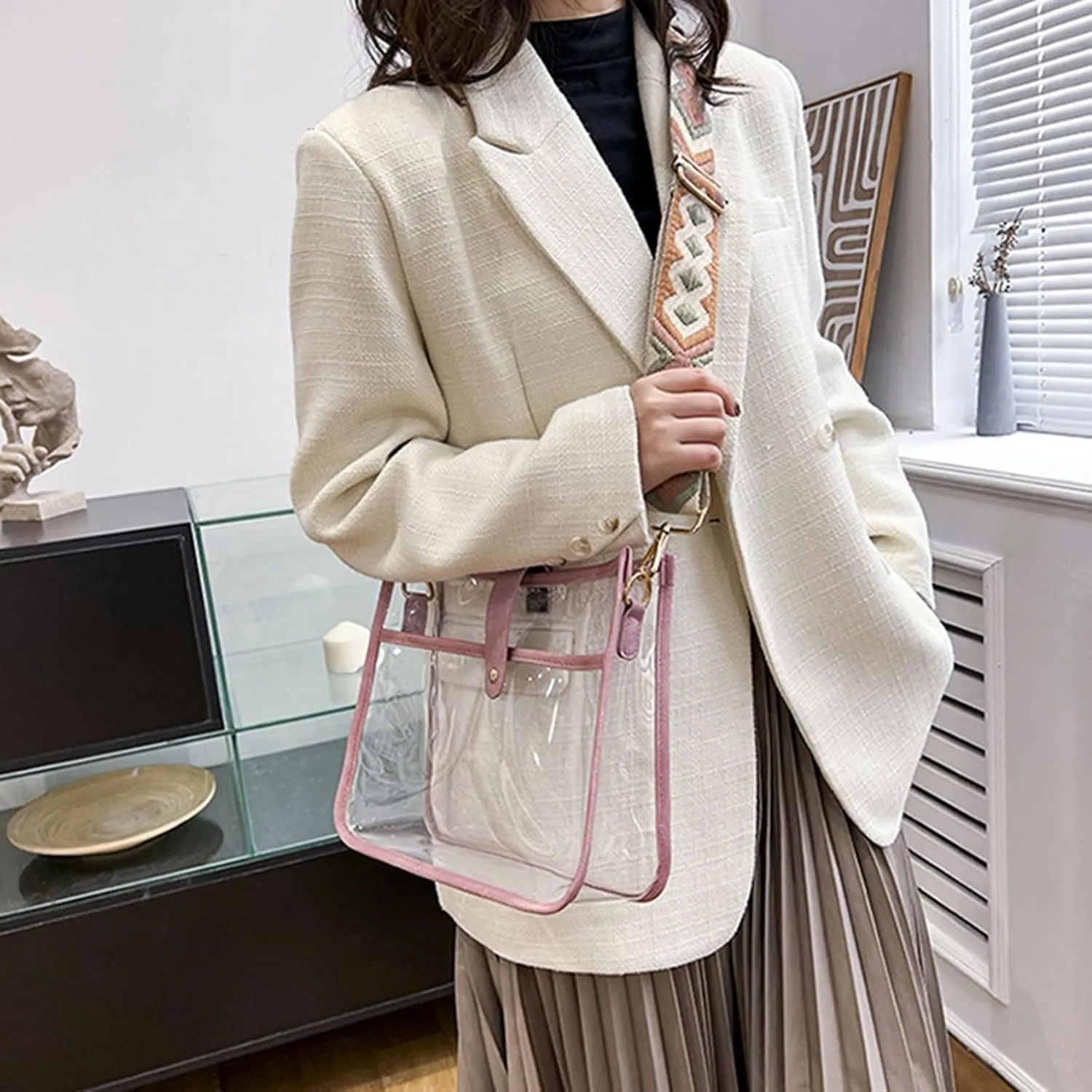 Sling Bags for Women Anti Theft Travel Satchel Purses with Multi Zipper Pocket Clear Bag for Stadium Events(Brown)