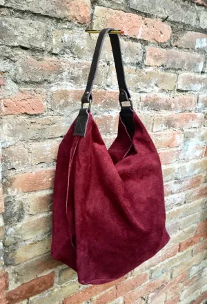 Slouch leather bag in BURGUNDY. Dark RED hobo  bag. Boho bag.Book or tablet bags in genuine suede. Wine red leather shopper with zipper