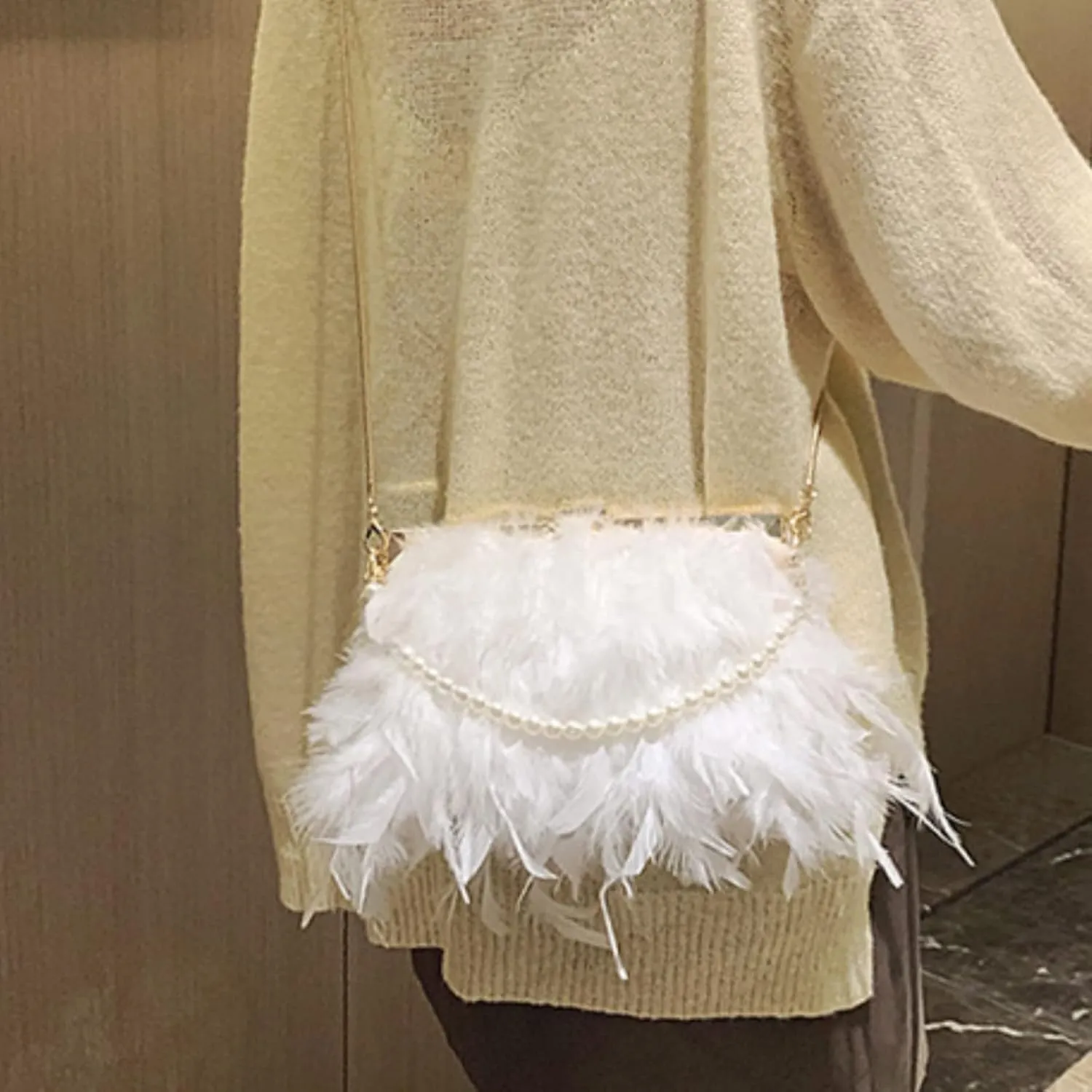 Small Crossbody Bag Luxury Handbags Clutch Bag Pearl Chain Purses Feather For Women