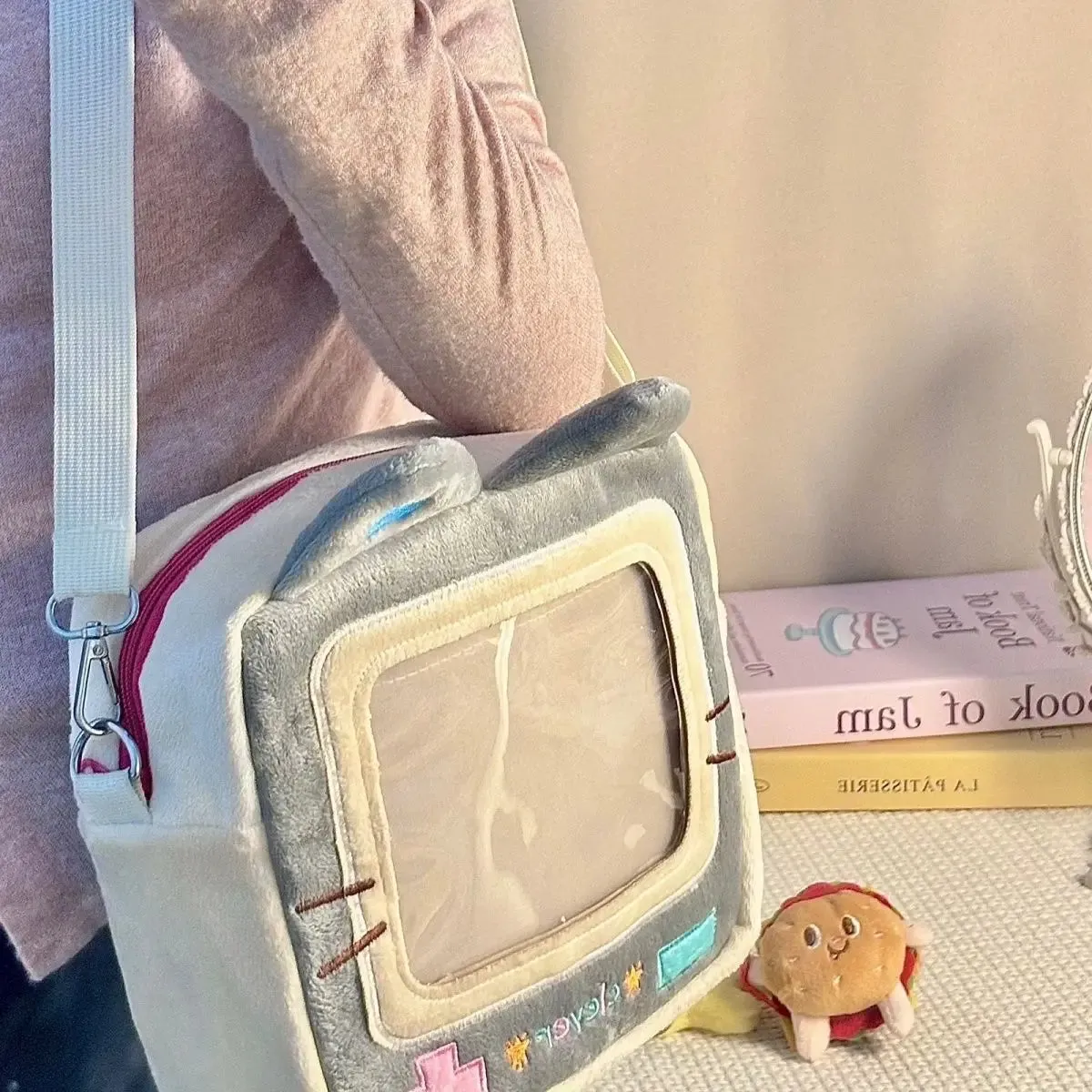 Sohiwoo Plush Square Smiling Cat Shoulder Bag Women Transparent Cartoon Crossbody Bag Female Harajuku Cute Ita Bag Bolsas Mujer