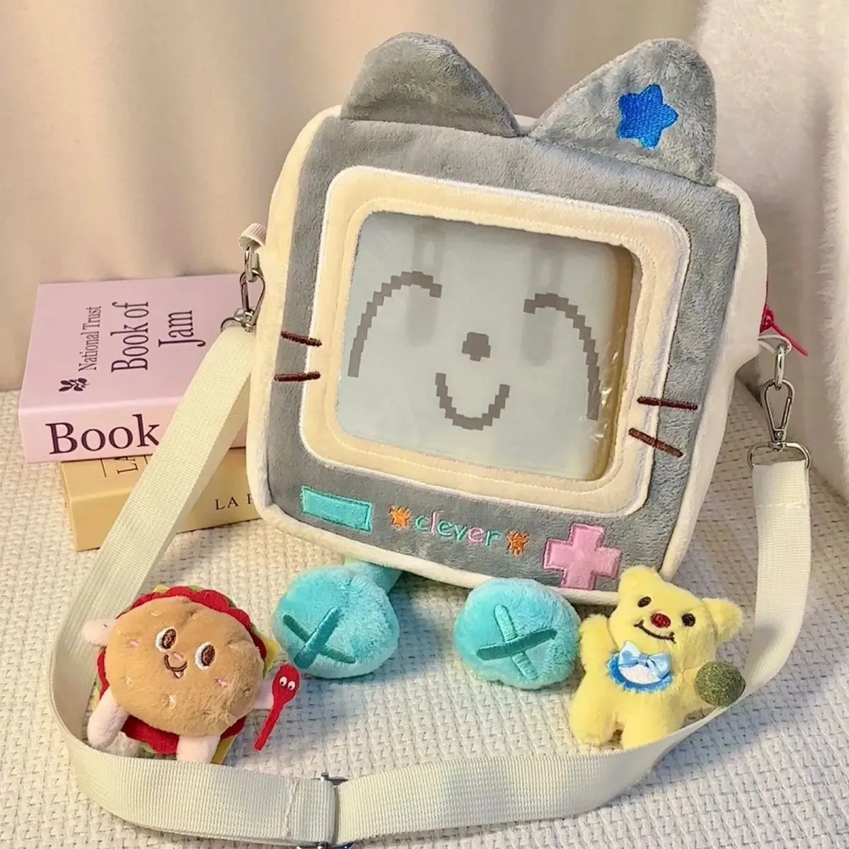 Sohiwoo Plush Square Smiling Cat Shoulder Bag Women Transparent Cartoon Crossbody Bag Female Harajuku Cute Ita Bag Bolsas Mujer