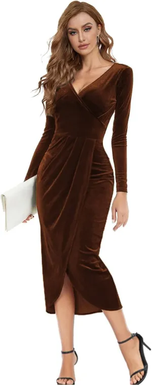Soinku Women's Long Sleeve Elegant Mermaid Velvet Cocktail Maxi Dress Evening Party Pleated Split Bodycon Dress