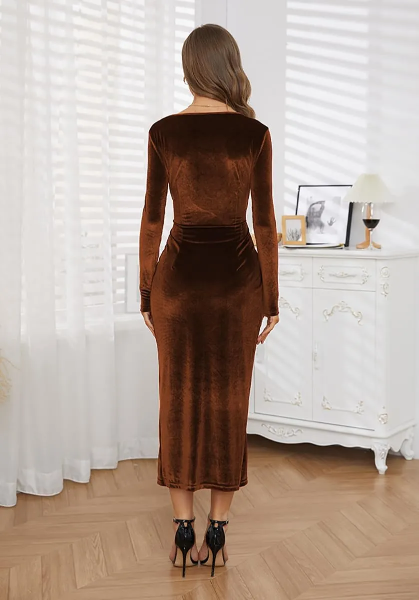 Soinku Women's Long Sleeve Elegant Mermaid Velvet Cocktail Maxi Dress Evening Party Pleated Split Bodycon Dress