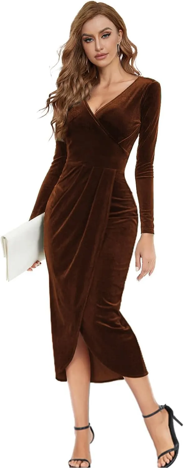 Soinku Women's Long Sleeve Elegant Mermaid Velvet Cocktail Maxi Dress Evening Party Pleated Split Bodycon Dress