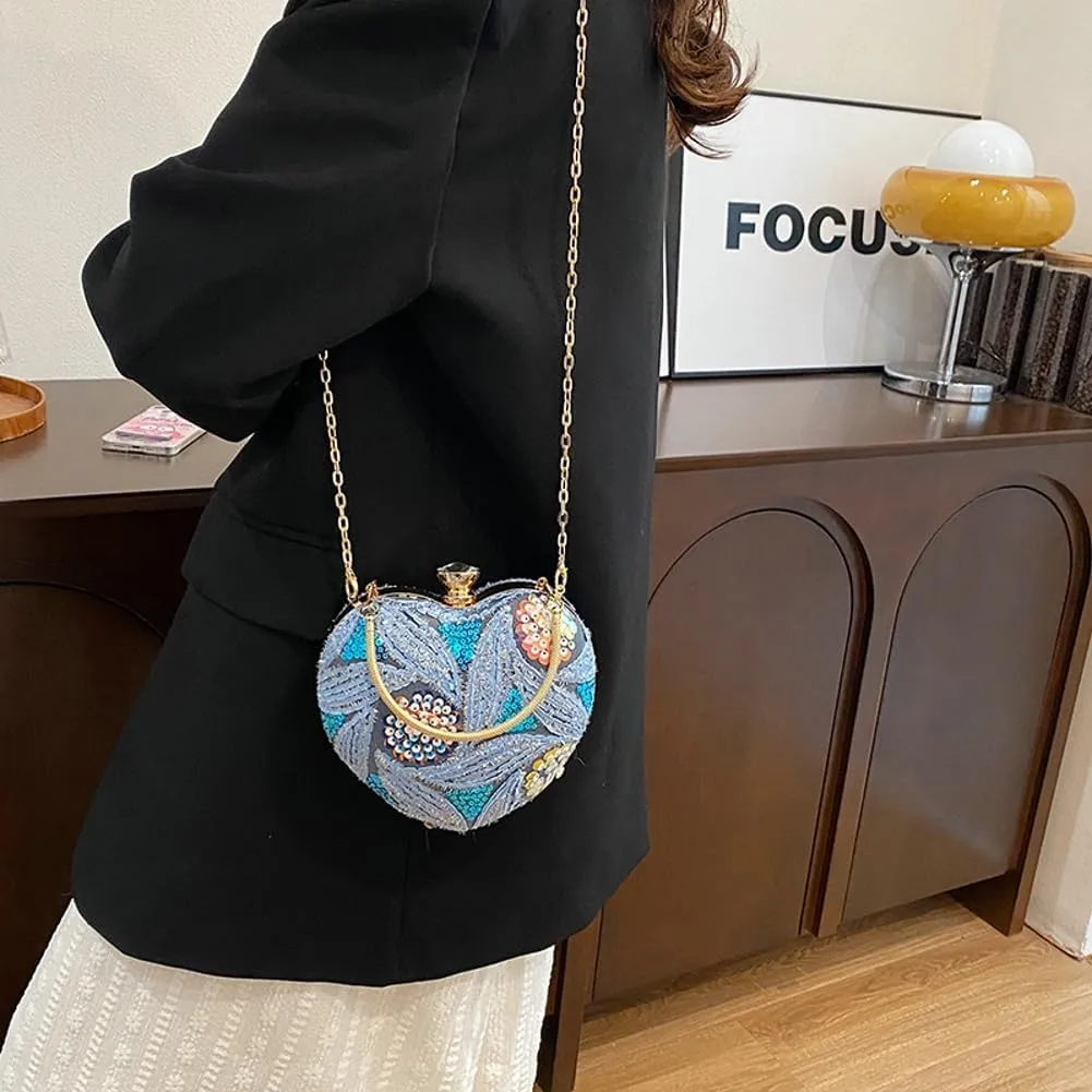 Solyinne Heart Type Sequin Evening Bag for Woman Clutch Purse Party Wedding Cocktail Party Handbag Chain Shoulder Bag