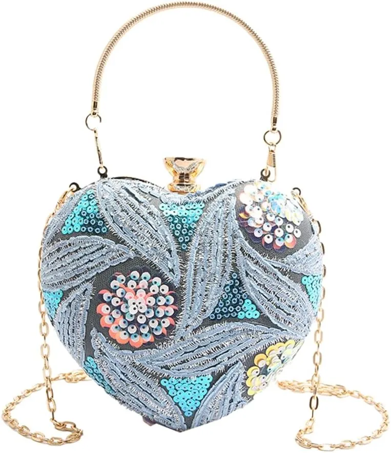 Solyinne Heart Type Sequin Evening Bag for Woman Clutch Purse Party Wedding Cocktail Party Handbag Chain Shoulder Bag