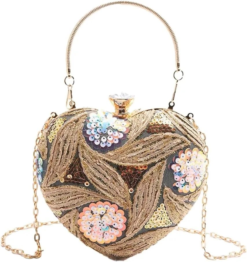 Solyinne Heart Type Sequin Evening Bag for Woman Clutch Purse Party Wedding Cocktail Party Handbag Chain Shoulder Bag