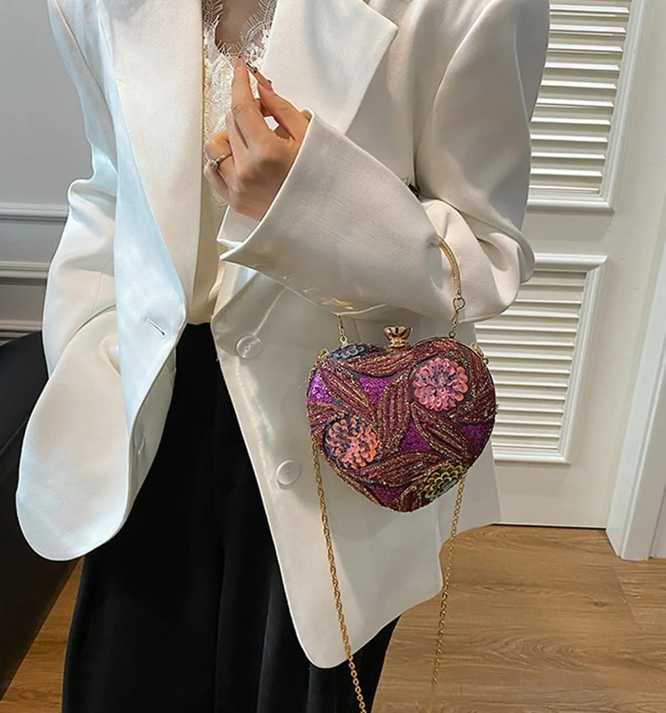 Solyinne Heart Type Sequin Evening Bag for Woman Clutch Purse Party Wedding Cocktail Party Handbag Chain Shoulder Bag