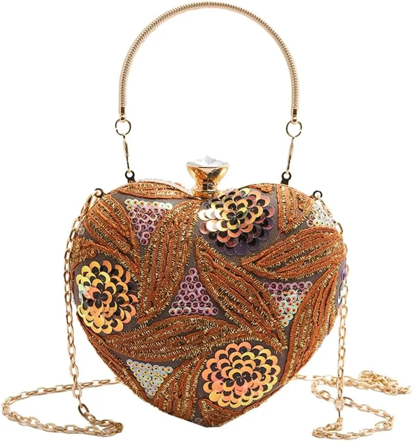 Solyinne Heart Type Sequin Evening Bag for Woman Clutch Purse Party Wedding Cocktail Party Handbag Chain Shoulder Bag