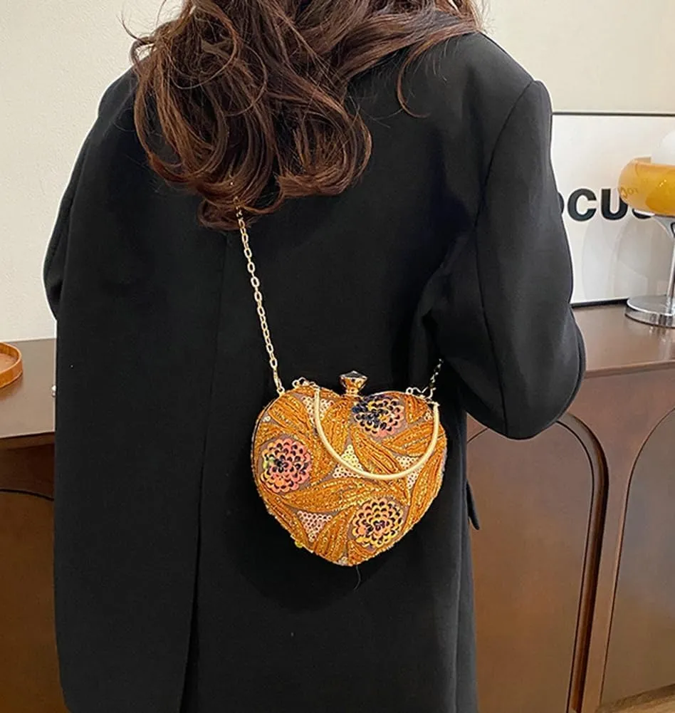 Solyinne Heart Type Sequin Evening Bag for Woman Clutch Purse Party Wedding Cocktail Party Handbag Chain Shoulder Bag