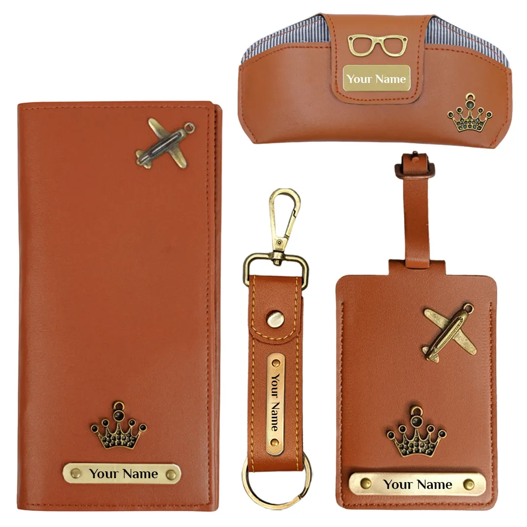 Stylish Tan Travel Gift Set: Sunglasses Case, Passport Cover, Keychain & Luggage Tag