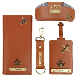 Stylish Tan Travel Gift Set: Sunglasses Case, Passport Cover, Keychain & Luggage Tag