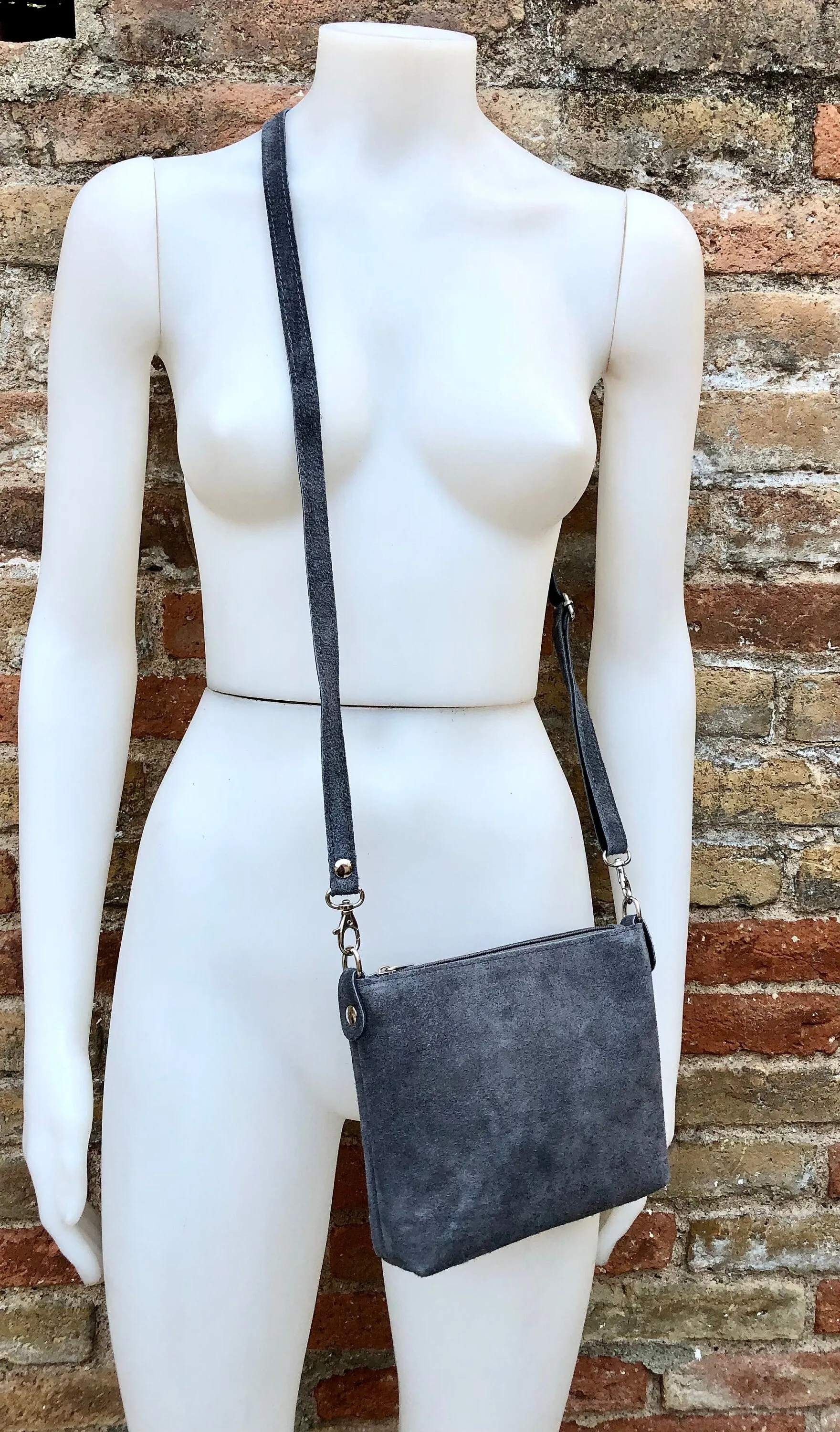 Suede leather bag in dark GRAY. Cross body bag, shoulder bag in GENUINE  leather. Small leather bag in  dark GRAY
