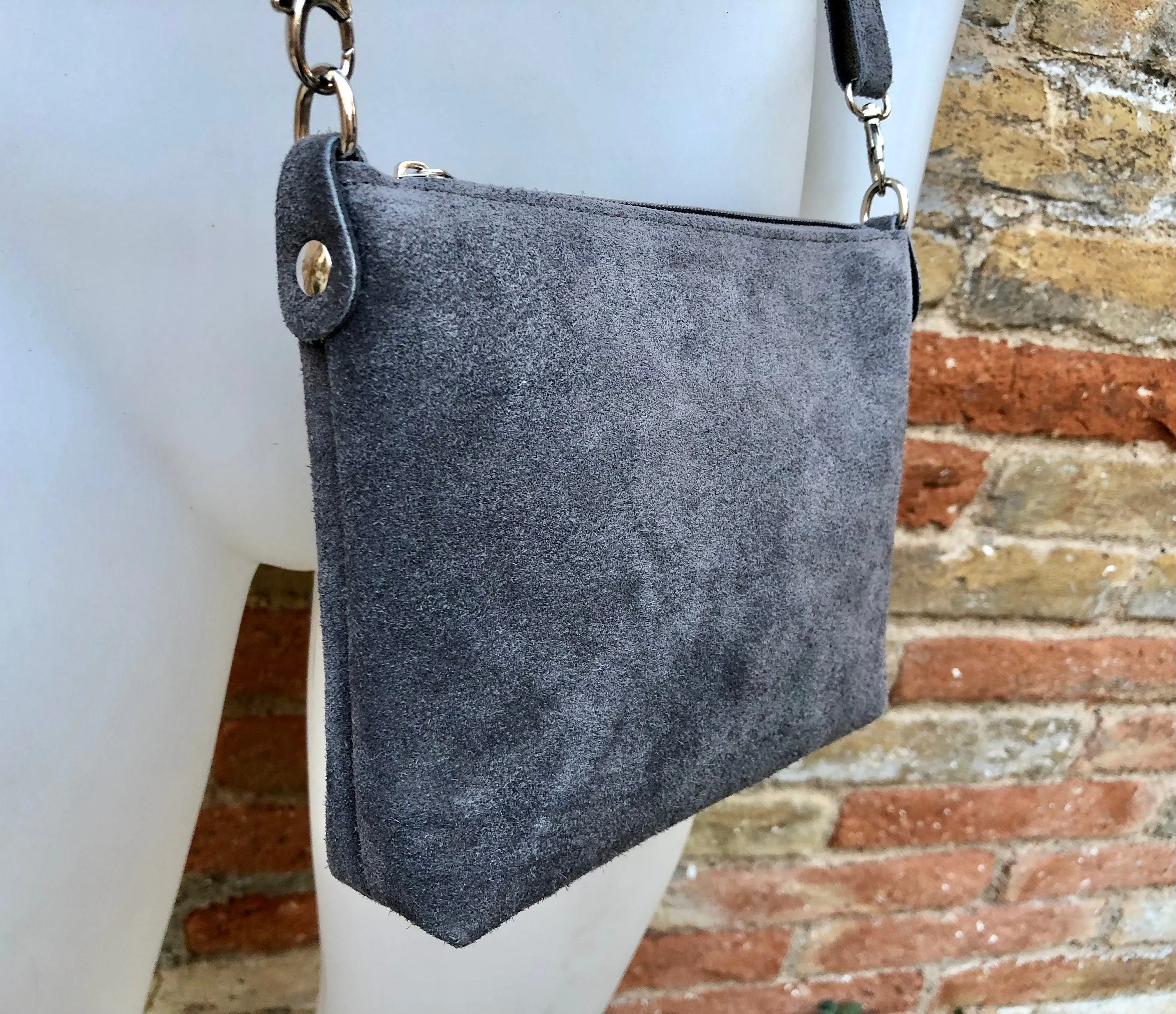 Suede leather bag in dark GRAY. Cross body bag, shoulder bag in GENUINE  leather. Small leather bag in  dark GRAY